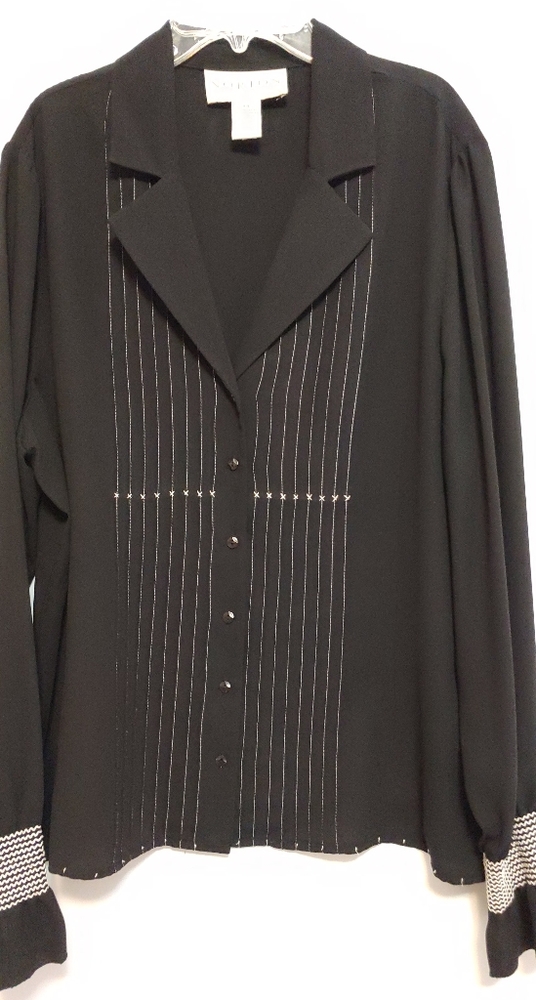 Vintage Norton McNaughton Women's Black Long Sleeve White Stitch Pleat Blouse 14